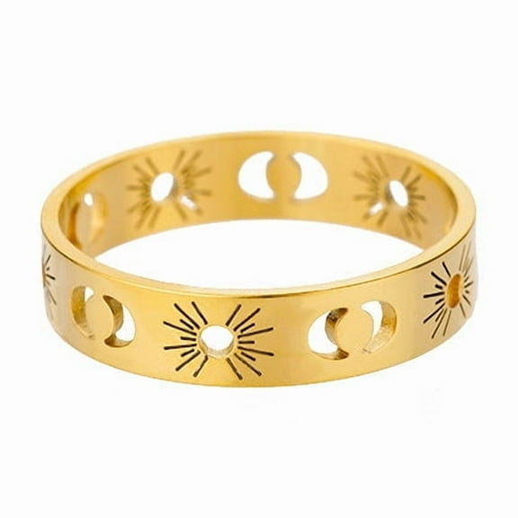 Womens Stainless Steel Ring with Openwork Sun and Moon Design Electroplated Fashion Jewelry Ring Elegant Gift for Her