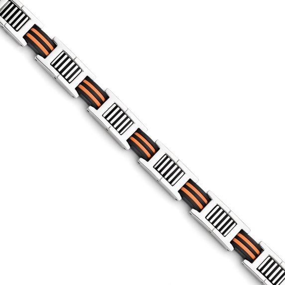 Chisel Stainless Steel Polished with Black and Orange Rubber 8.5 inch Link Bracelet
