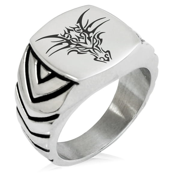 Stainless Steel Oriental Dark Dragon Chevron Pattern Biker Style Polished Ring