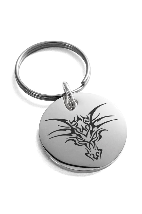 Stainless Steel Oriental Dark Dragon Engraved Small Medallion Circle Charm Keychain Keyring