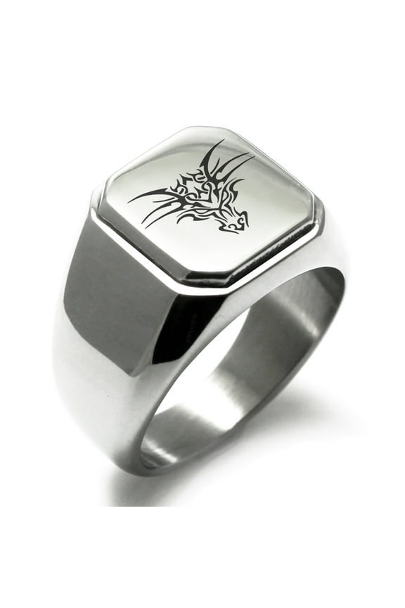 Stainless Steel Oriental Dark Dragon Engraved Square Flat Top Biker Style Polished Ring