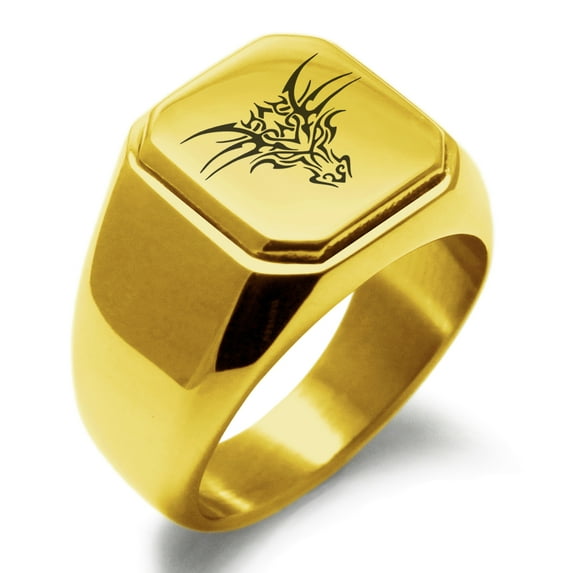 Stainless Steel Oriental Dark Dragon Engraved Square Flat Top Biker Style Polished Ring