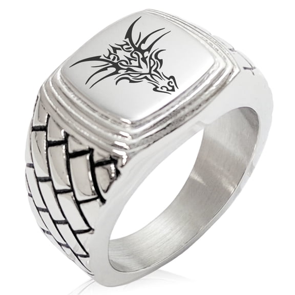 Tioneer Stainless Steel Oriental Dark Dragon Geometric Pattern Step-Down Biker Style Polished Ring