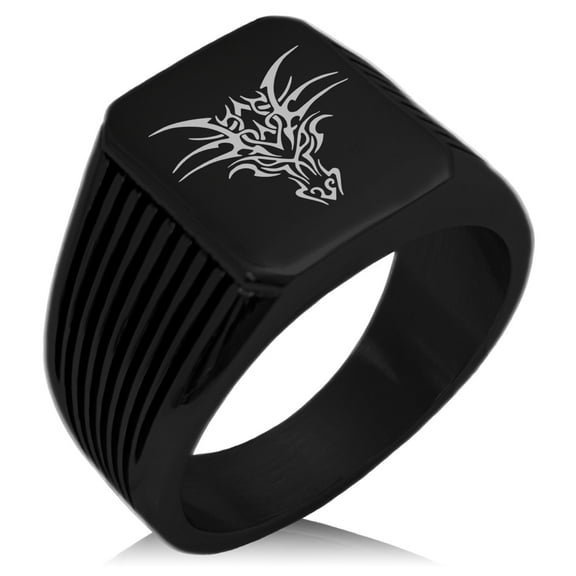 Stainless Steel Oriental Dark Dragon Needle Stripe Pattern Biker Style Polished Ring