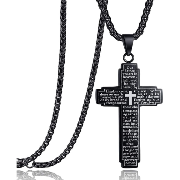 Stainless Steel Our Father Lord's Prayer Cross Pendant Necklace for Women Men Chain 24"