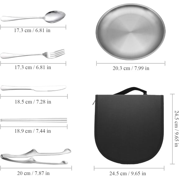 Stainless Steel Outdoor Camping Mess Kits - Includes Forks, Spoons, Knives, Chopsticks, Food Clip, Plates - Portable Cutlery Bag$$Sport & Recreation Other