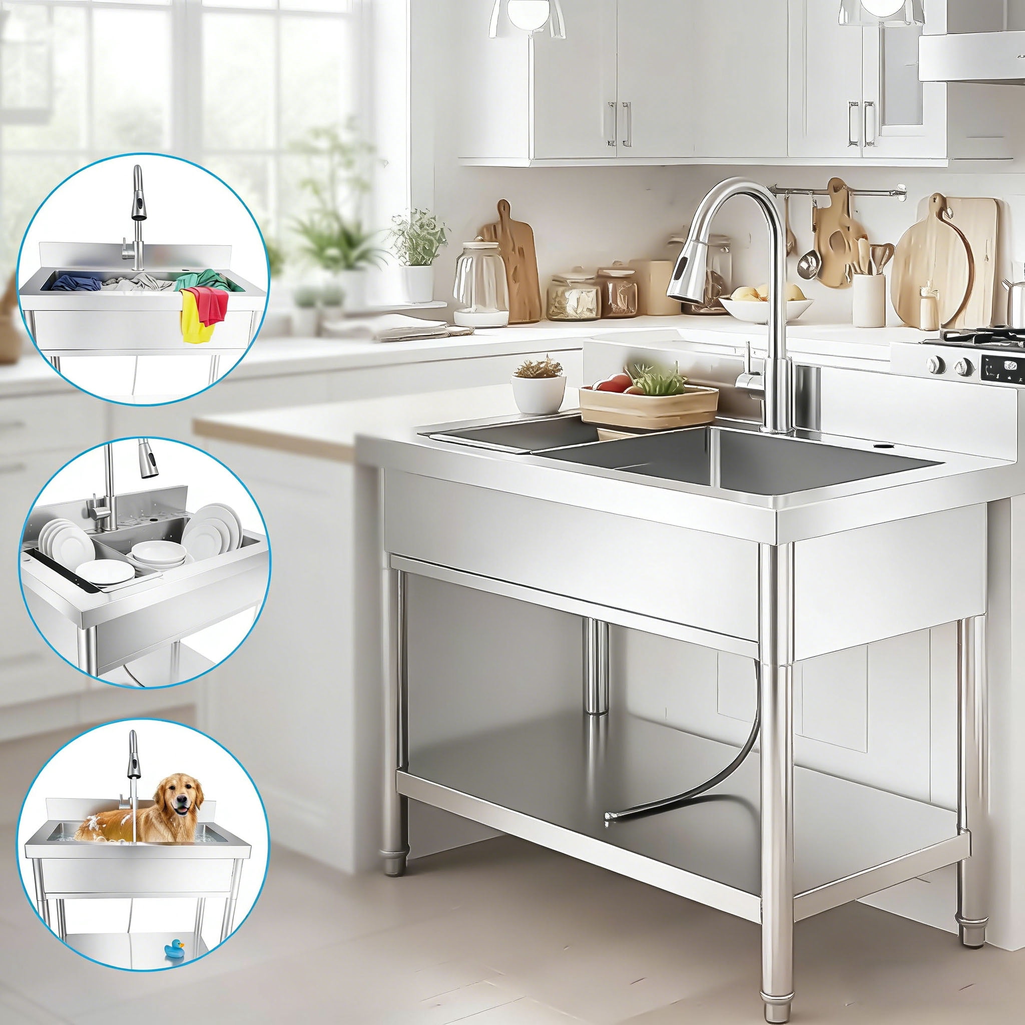 Stainless Steel Outdoor Freestanding Kitchen Sink with Cold and Hot Water Pipe and pull-out Faucet, Commercial Utility Sink, Free Standing Sink for Garden