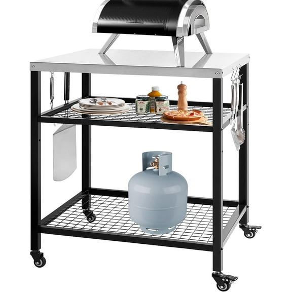 Stainless Steel Outdoor Grill Cart Pizza Oven Stand Trolley Table with Wheels Three-Shelf Movable Food Prep and Work Table Heavy Duty Grill Carts Outdoor Cart 31.5"24"35.5"