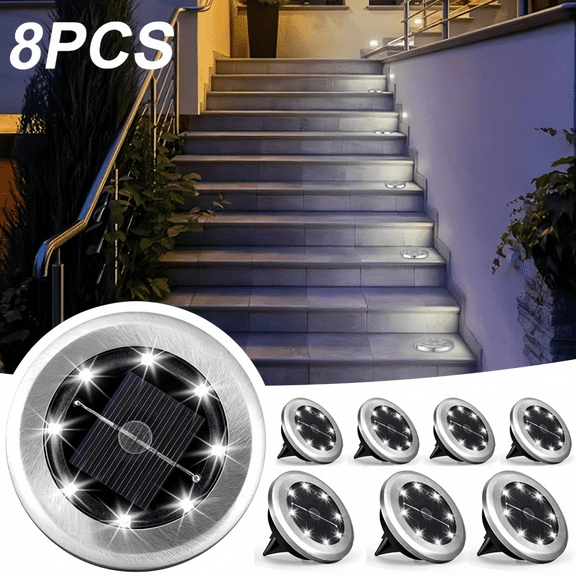 Stainless Steel Outdoor Ground Lights - IP44 Waterproof, Solar-Powered, Ideal for Garden & Night Games,White,8 pcs