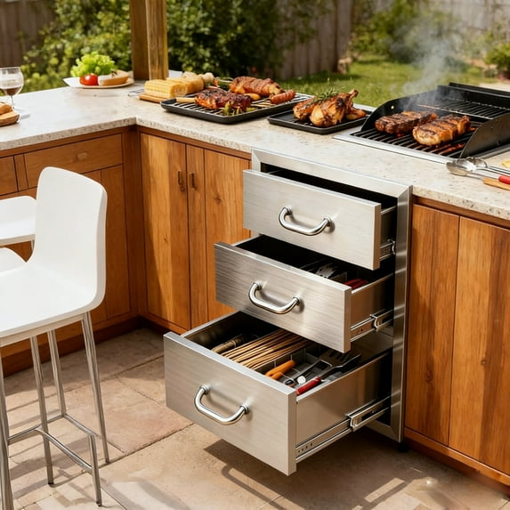Stainless Steel Outdoor Kitchen Cabinets, 3-Drawer Triple Access BBQ Drawers, 18''W x 23''H x 23''D Outdoor Kitchen Drawers with 5'' Chrome Handle for BBQ Island, Patio Kitchen