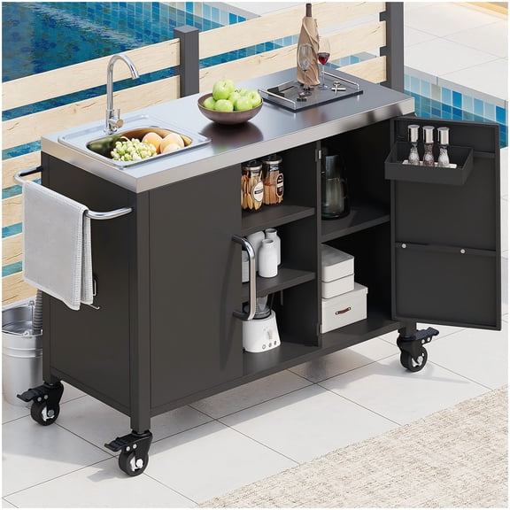 Stainless Steel Outdoor Kitchen Cart with Sink, Mobile BBQ Prep Table with Storage Racks