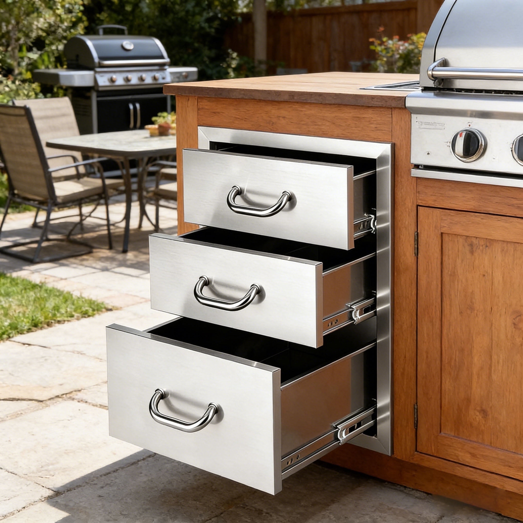 Stainless Steel Outdoor Kitchen Drawers, 3-Drawer Flush Mount BBQ Drawer, 18''W x 23''H x 23''D Triple Access BBQ Drawers with 5'' Chrome Handle for Kitchen Island, Grill Station