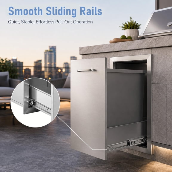 Stainless Steel Outdoor Kitchen Trash Drawer with Handle, Pull-Out Tray Outdoor Handled Kitchen Trash Drawer, Interior Storage, Built-in Outdoor Kitchen Propane Tank Drawer for Outdoor BBQ Station