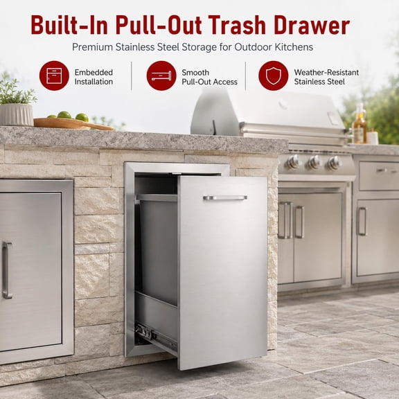 Stainless Steel Outdoor Kitchen Trash Drawer with Sliding Track, Pull-Out Outdoor Kitchen Storage Drawer, Interior Storage, Roll-Out Trash Bin for Patio Outdoor Grill Kitchen