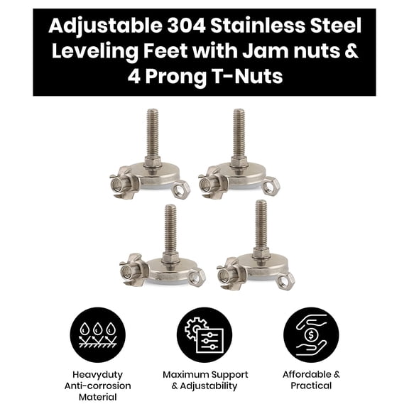 Stainless Steel Outdoor Leveler Kit- (4) 3/8-16 Leg Levelers for Cabinets, Patio Furniture, and Table Legs - Adjustable Height Leveling Feet with Jam Nuts to Stabilize Feet (Kit with 4 Prong T-Nuts)
