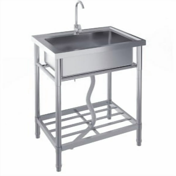 Stainless Steel Outdoor Sink,Freestanding Single Bowl Utility Sinks with Cold/Hot Water Pipe,Storage Shelf,Faucet and Adjustable Legs,Outdoor Sink Station with Storage Shelf for Backyard,Restaurant