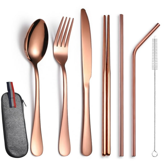 Stainless Steel Outdoor Tableware Set Portable 7-piece Set Knives Forks Spoons Chopsticks Straws Camping Supplies Storage
