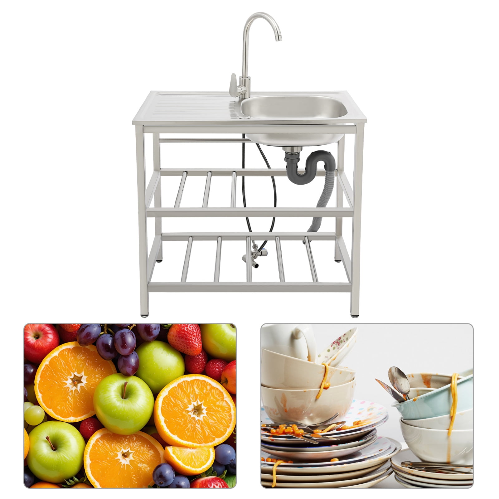 Stainless Steel Outdoor Utility Sink with Faucet Freestanding 75x40x78cm Kitchen Sink for Cafe, Bar, Bakery, Garden & Pet Shop