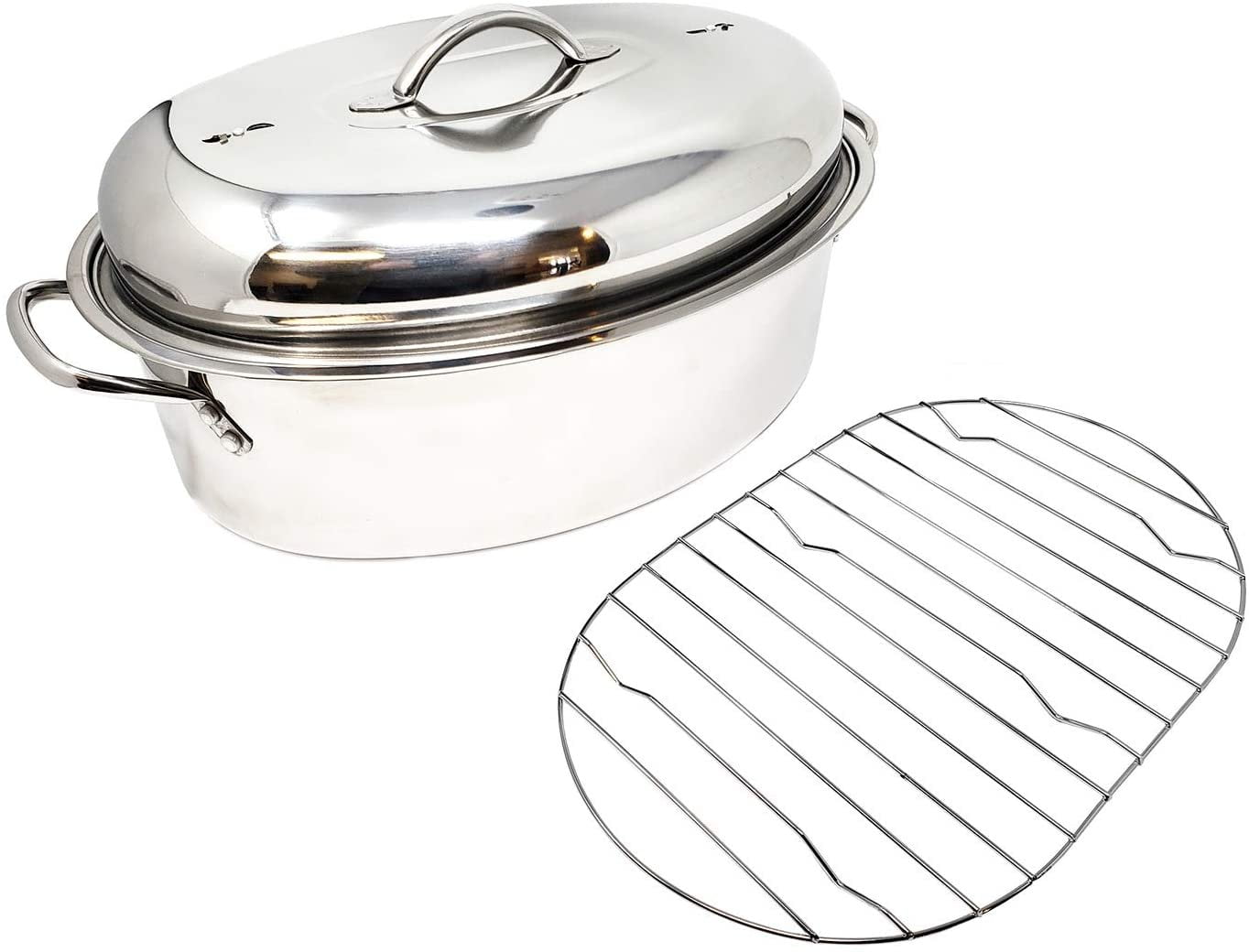 Nutrichef Oval Roasting Pan, Roaster with Polished Rack, Wide Handle and Stainless Steel Lid