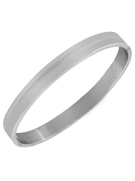 Stainless Steel Oval-Shape Silver-Tone Classic Matte Polished Bangle Bracelet