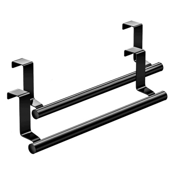 Stainless Steel Over Door,  Dish Towel Rack Bar Holders for Universal Fit on Over Cabinet Cupboard Doors 2 Pack (Black)