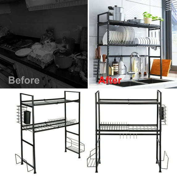 Stainless Steel Over The Sink Dish Rack with Hooks, Kitchen Double Layer Bowl Rack Shelf, Single Slot