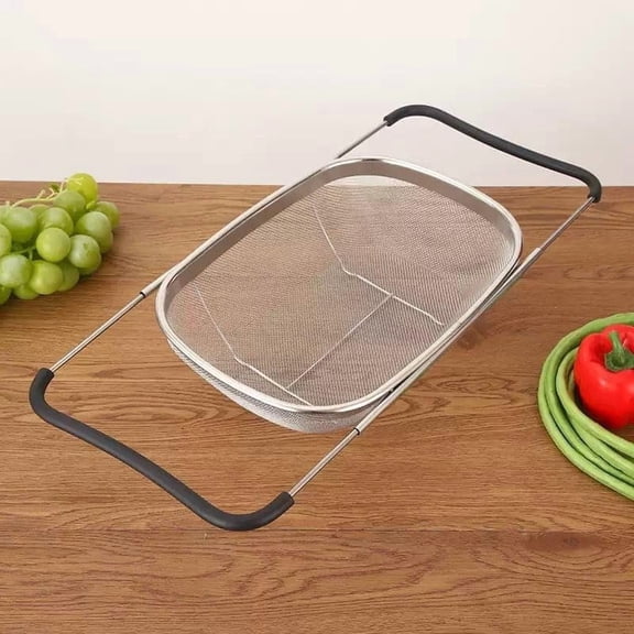 Stainless Steel Over the Sink Colander Basket with Expandable Handles, 6 Quart Fine Mesh Strainer for Pasta, Vegetables and Rice