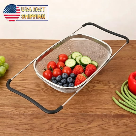 Stainless Steel Over the Sink Colander Basket with Expandable Handles, 6 Quart Fine Mesh Strainer for Pasta, Vegetables and Rice
