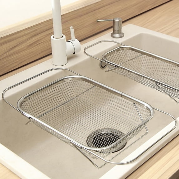 Stainless Steel Over the Sink Colander Strainer Basket – Expandable Vegetable Washing Basin and Drying Rack for Kitchen Sink
