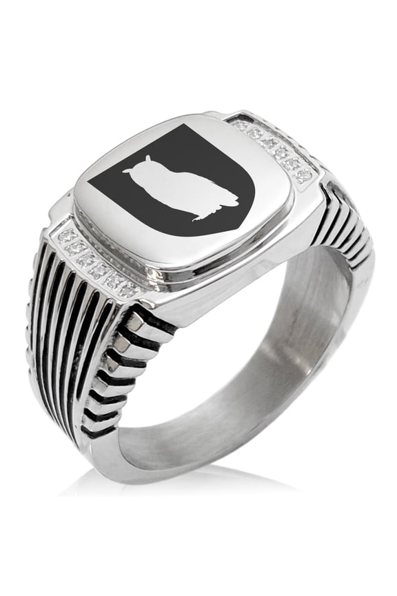 Stainless Steel Owl Wisdom Coat of Arms Shield CZ Ribbed Needle Stripe Pattern Biker Style Polished Ring