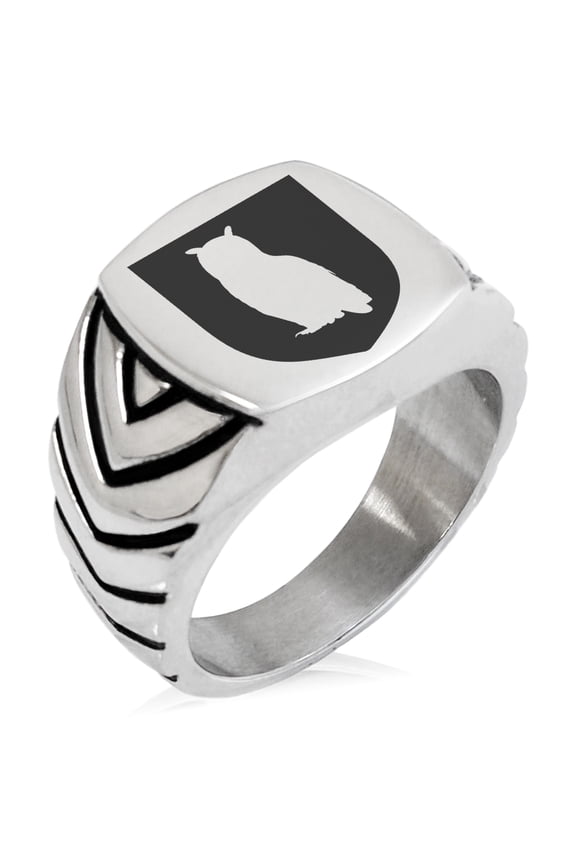 Stainless Steel Owl Wisdom Coat of Arms Shield Chevron Pattern Biker Style Polished Ring