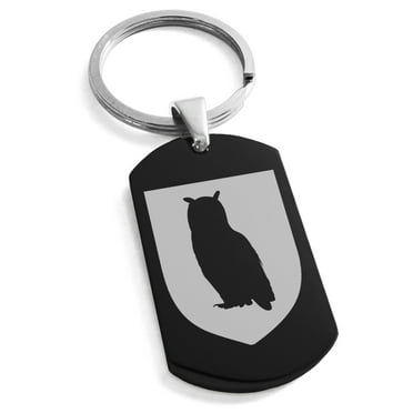 Tioneer Stainless Steel Owl Wisdom Coat of Arms Shield Engraved Dog Tag Keychain Keyring