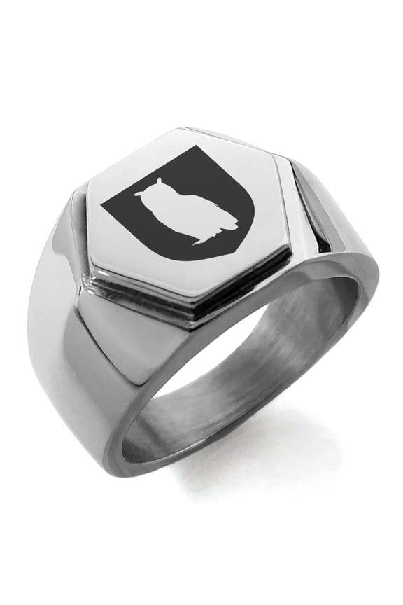 Stainless Steel Owl Wisdom Coat of Arms Shield Engraved Hexagon Crest Flat Top Biker Style Polished Ring