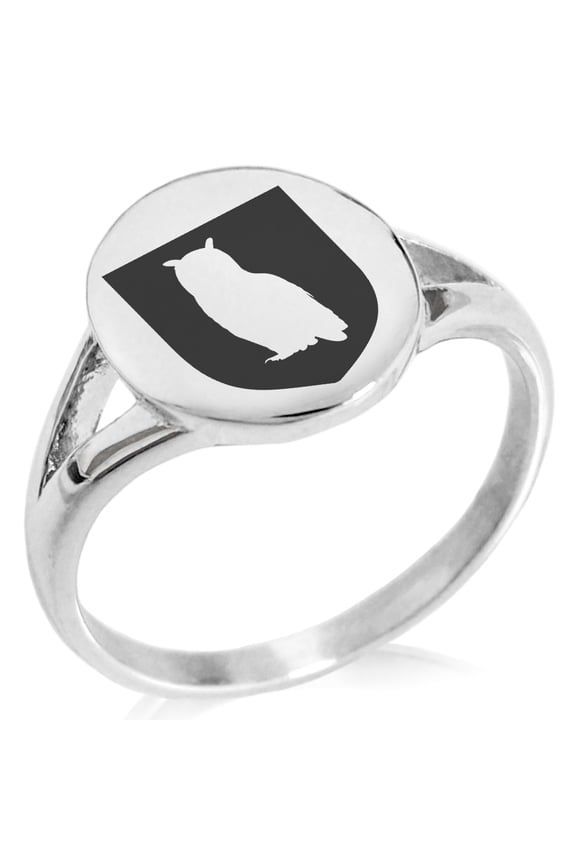 Stainless Steel Owl Wisdom Coat of Arms Shield Minimalist Oval Top Polished Statement Signet Ring