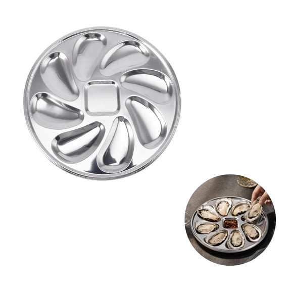 Stainless Steel Oyster Plate, 8-Slot Oyster Grill Pan 8-compartment pan with center sauce well. Stainless steel, easy-clean. Doubles as fruit tray for BBQs, parties