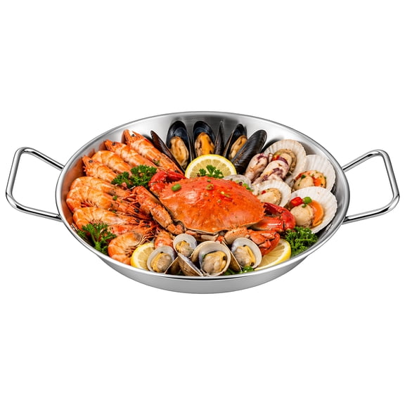 Stainless Steel Paella Pan, 12.4 in Flat Bottom Frying Skillet with Dual Extended Heat-Resistant Handles, Thickened Base for Cooking Spanish Rice, Seafood, Fried Chicken, Korean Cuisine & More