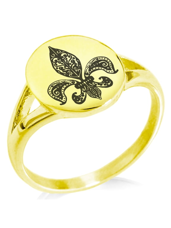 Stainless Steel Paisley Fleur De Lis Minimalist Oval Top Polished Statement Signet Ring