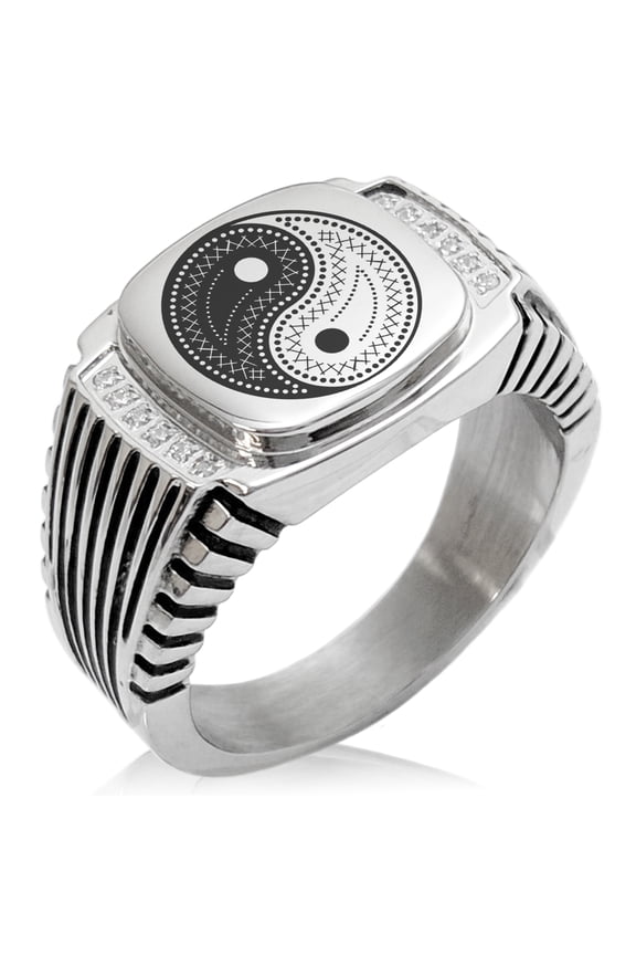 Stainless Steel Paisley Yin Yang CZ Ribbed Needle Stripe Pattern Biker Style Polished Ring