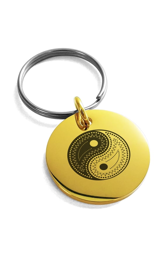 Stainless Steel Paisley Yin Yang Engraved Small Medallion Circle Charm Keychain Keyring
