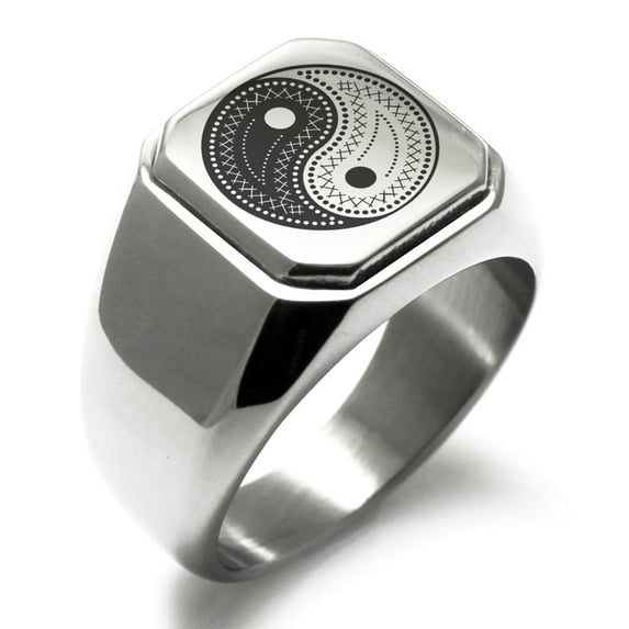Stainless Steel Paisley Yin Yang Engraved Square Flat Top Biker Style Polished Signet Ring