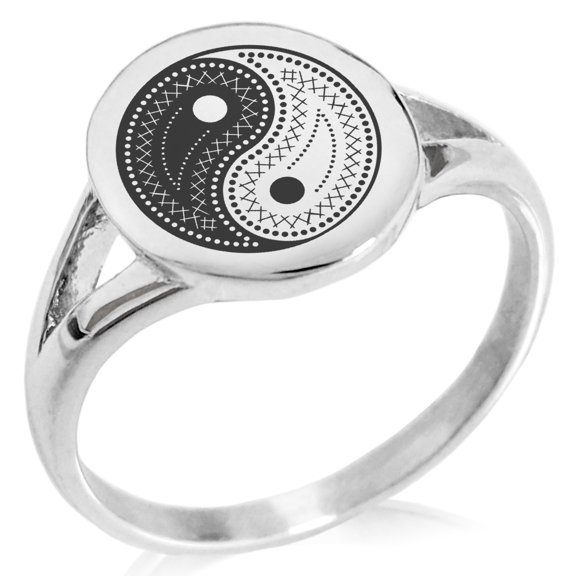 Stainless Steel Paisley Yin Yang Minimalist Oval Top Polished Statement Signet Ring