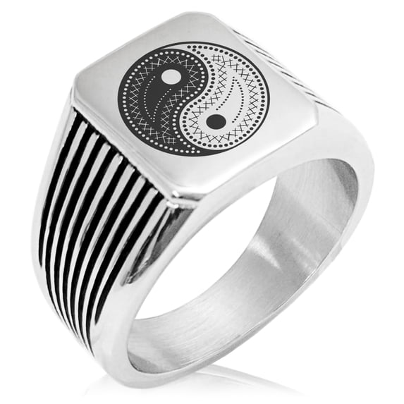 Stainless Steel Paisley Yin Yang Needle Stripe Pattern Biker Style Polished Ring