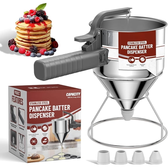 Stainless Steel Pancake Batter Dispenser, 40oz Batter Dispenser with Squeeze Handle, for Pancakes, Cupcake, Waffle or Any Baked Goods, Durable, Leak-Free, Space Gray