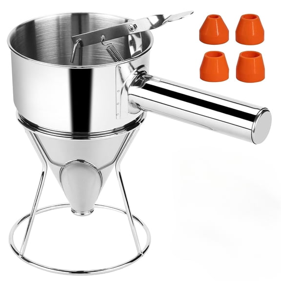 Stainless Steel Pancake Batter Dispenser with Squeeze Handle and Multi-Nozzle, for Pancakes, Cupcakes, and Baked Goods. 40 oz