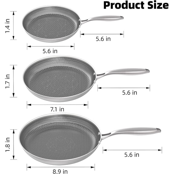 Stainless Steel Pans Set of 3 (8+10+12 Inch), Nonstick Frying Pans, Induction Pan Set, Chef's Pan, Skillets Dishwasher & Oven Safe, Stay-Cool Handles, Compatible with All Cooktops