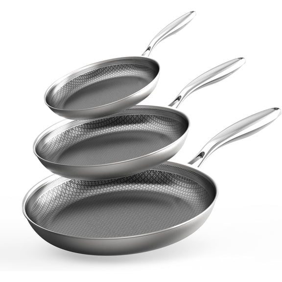 Stainless Steel Pans Set of 3 (8+10+12 Inch), Nonstick Frying Pans, Induction Pan Set, Chef's Pan, Skillets Dishwasher & Oven Safe, Stay-Cool Handles, Compatible with All Cooktops