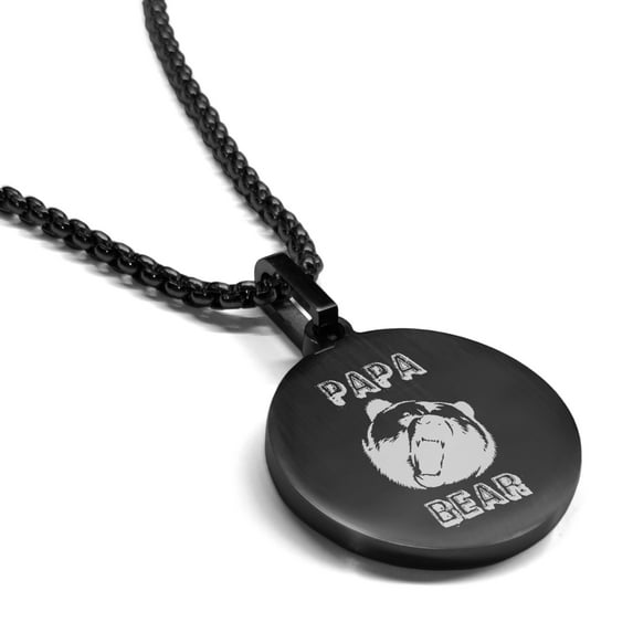 Stainless Steel Papa Bear Round Medallion Pendant Necklace