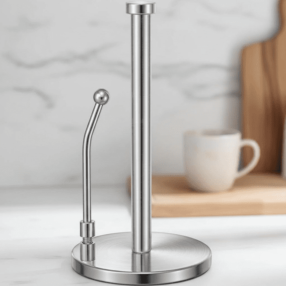 Stainless Steel Paper Towel Dispenser with Weighted Non-Slip Base and Spring Arm for Easy Tearing, Kitchen Countertop Paper Towel Holder for Home Use, Silver