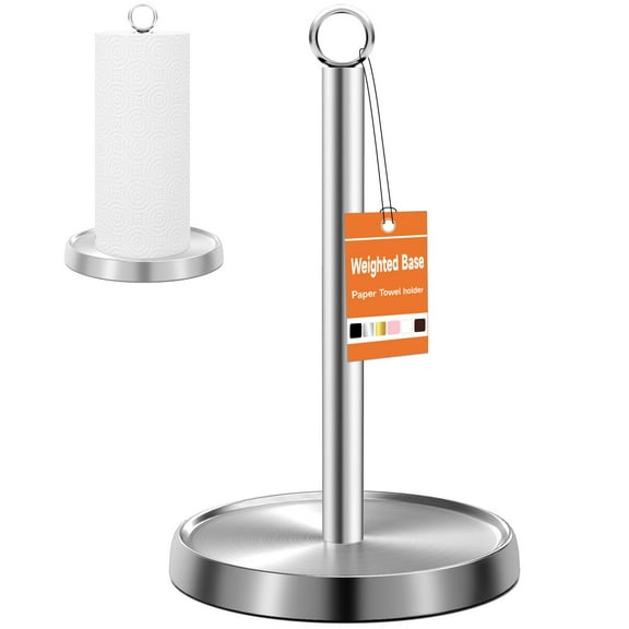 Stainless Steel Paper Towel Holder for Kitchen Countertop, Weighted Base with Non-Slip Pad, Farmhouse Bathroom Decor Accessories, Holds Standard & Jumbo Rolls, Silver