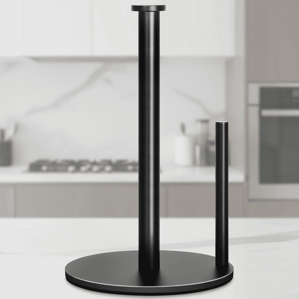 Stainless Steel Paper Towel Holder Stand for Kitchen Countertop and Bathroom Organization, Holds Standard and Large Paper Towel Rolls in Matte Black Finish